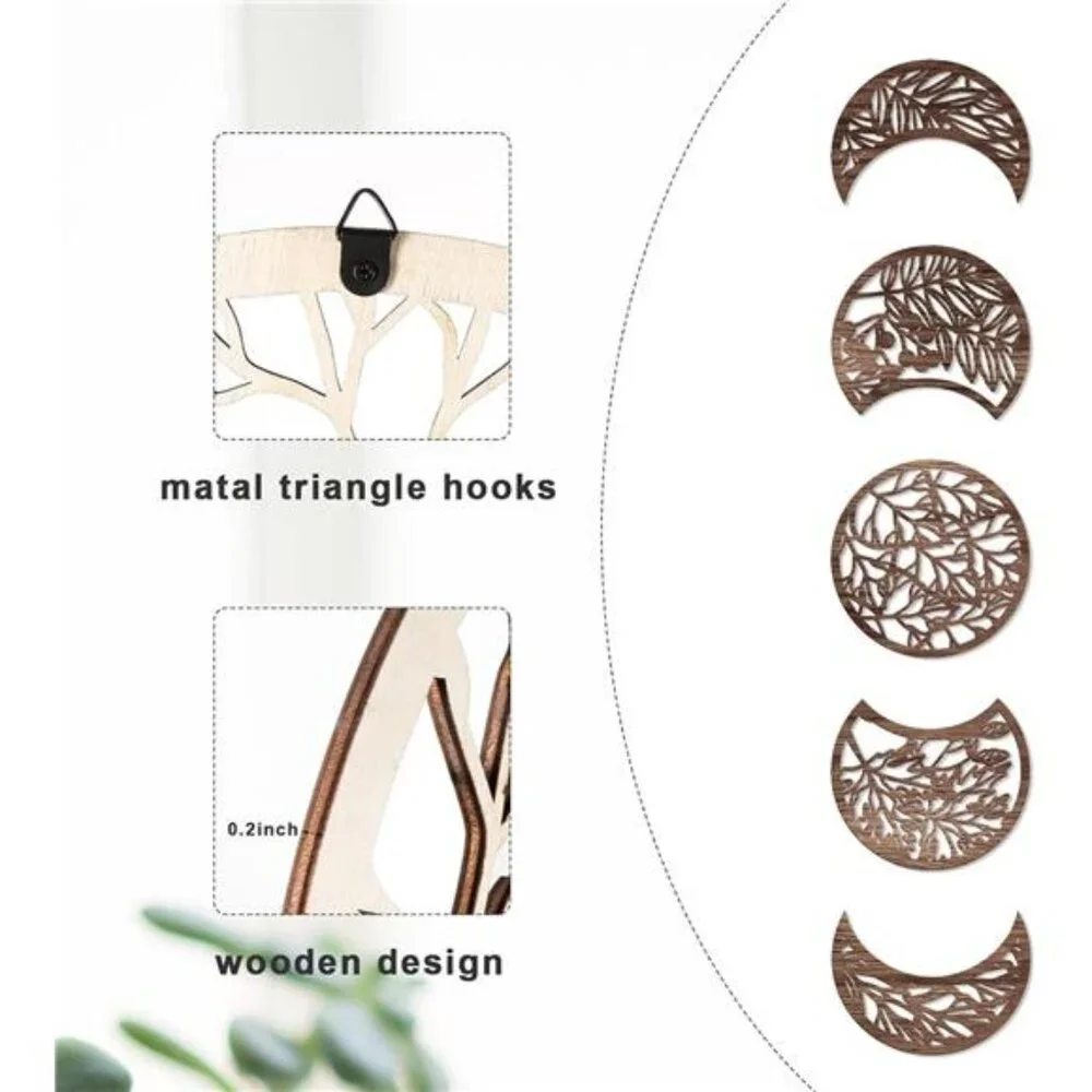 Jetec 5 Pcs Moon Phase Wall Art Decor Wall Pediments Hanging Wooden Phase